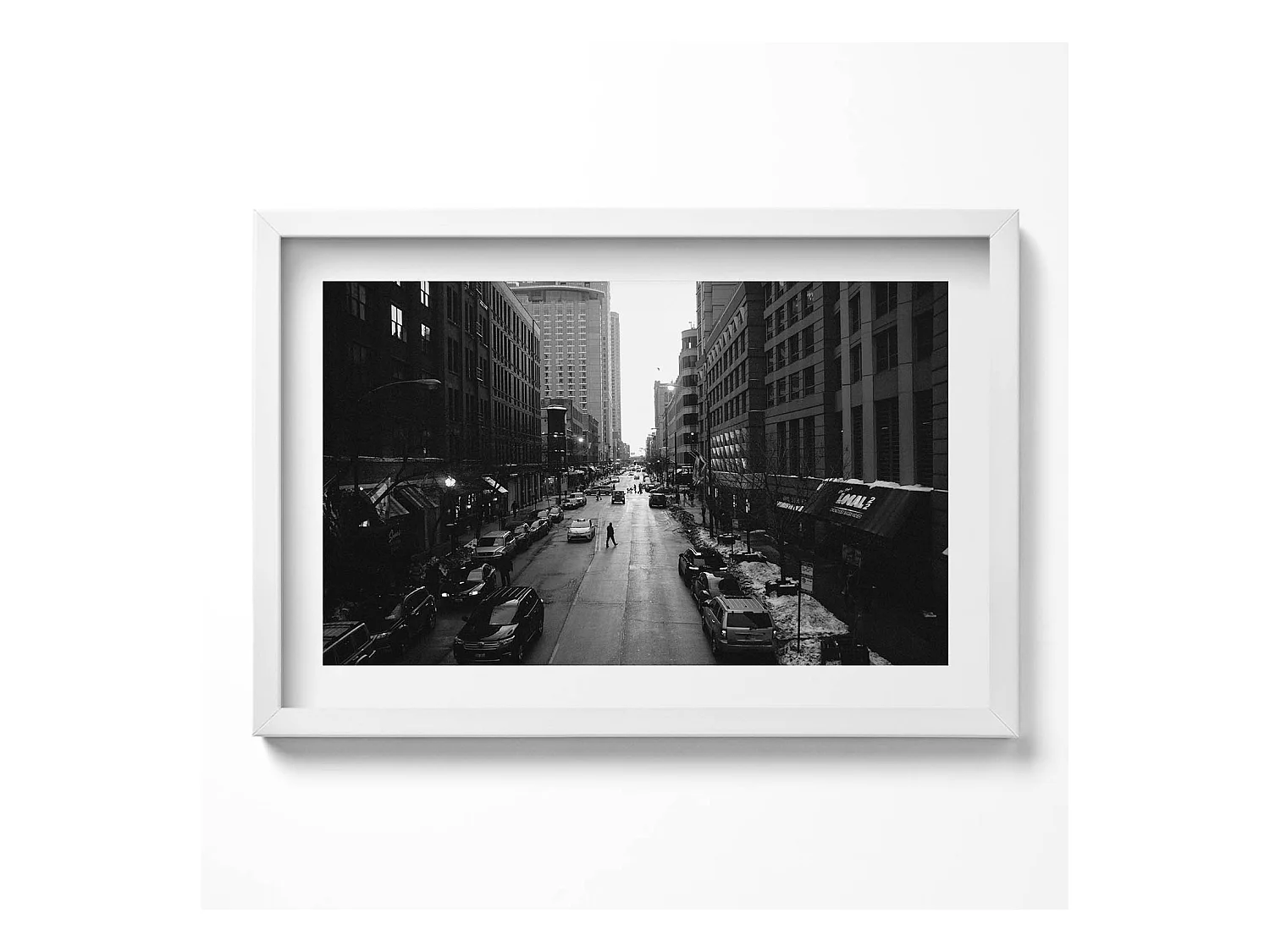 Tableau décoratif avec cadre blanc, Rues noires et blanches de Chicago 60 x 40 cm– Parfait pour le salon ou la chambre