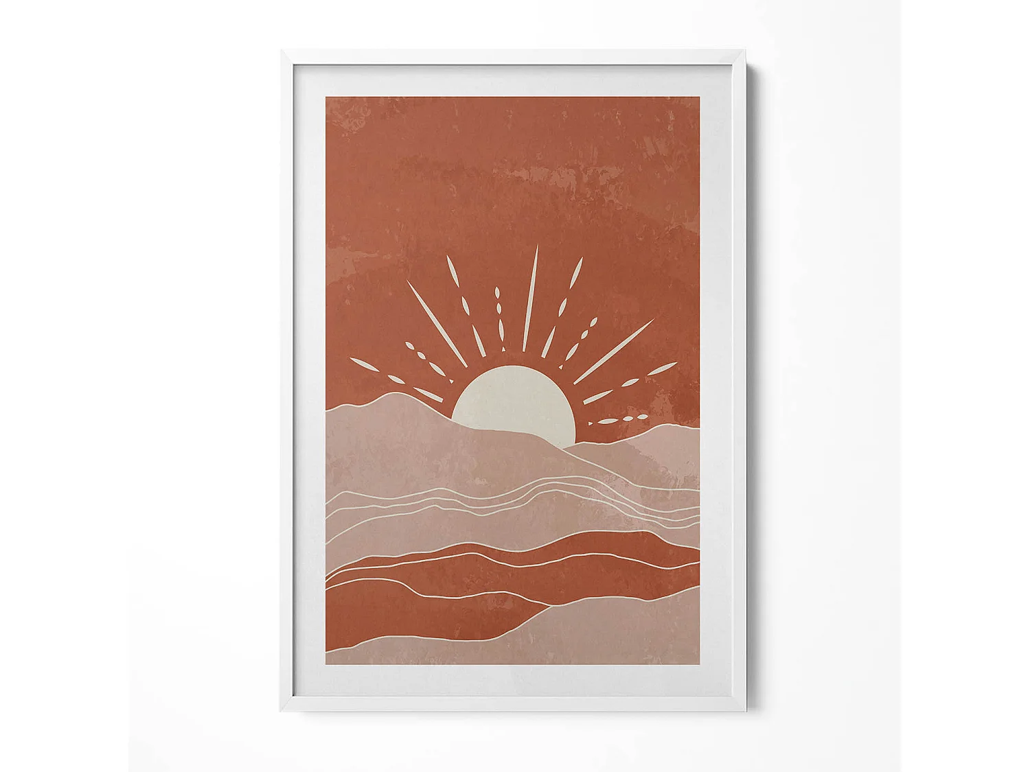 Decoratief schilderij met witte lijst, Illustratie van de opkomende zon 70 x 100 cm – Perfect voor de woon- of slaapkamer