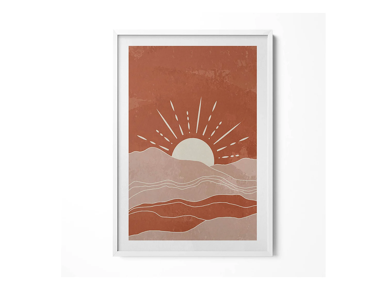 Tableau décoratif avec cadre blanc, Illustration du soleil levant 70 x 100 cm– Parfait pour le salon ou la chambre