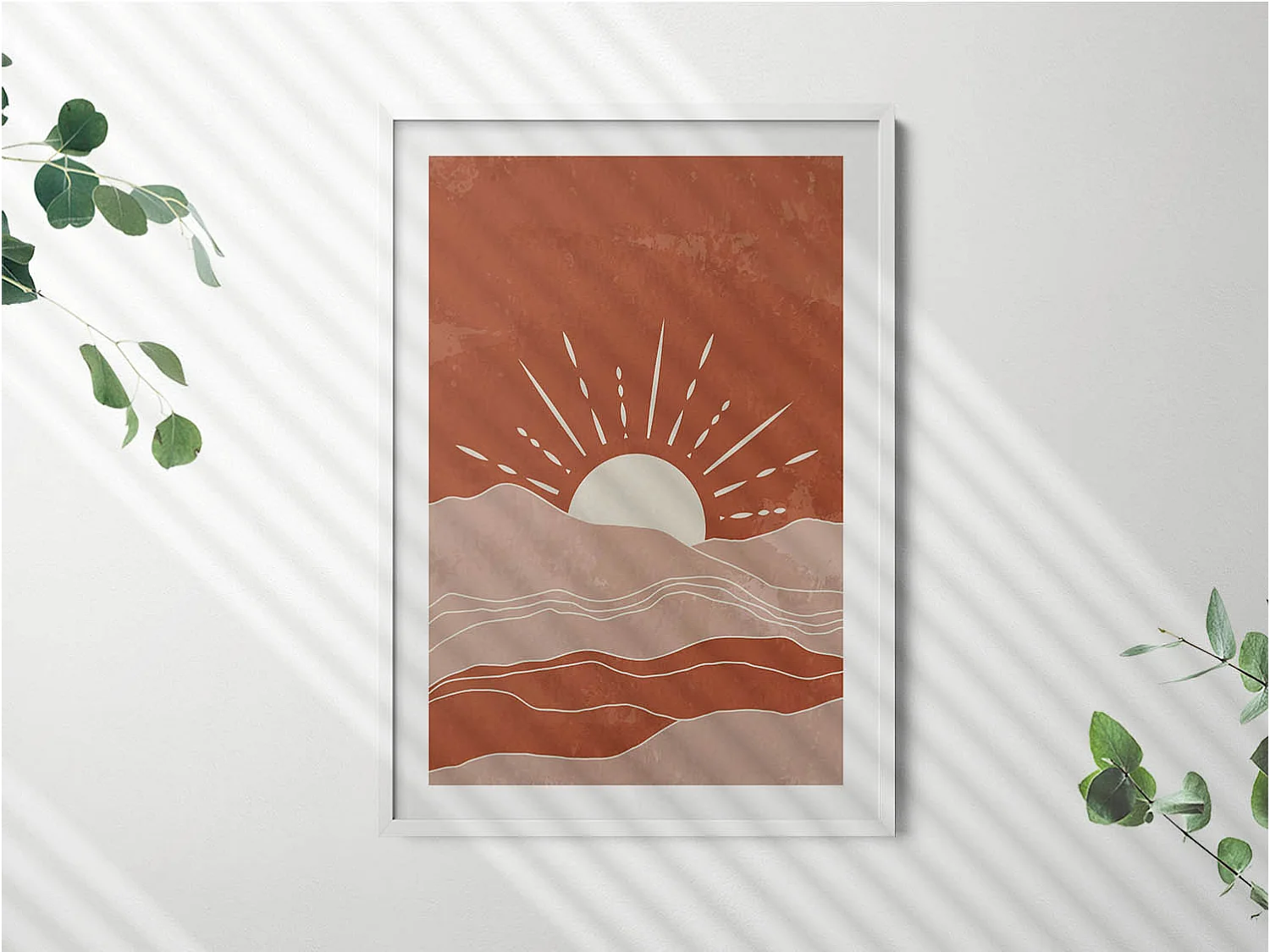 Dekoratives Gemälde mit weißem Rahmen, Illustration der aufgehenden Sonne 70 x 100 cm – Perfekt für das Wohn- oder Schlafzimmer