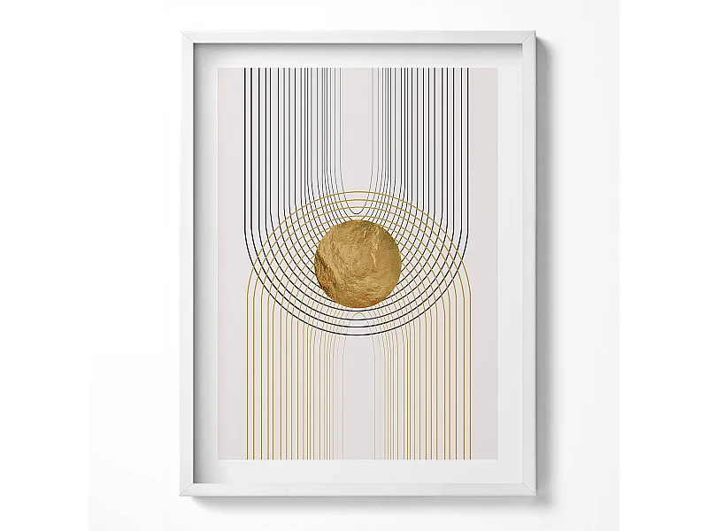 Tableau décoratif avec cadre blanc, Formes dorées fluides sur fond beige 60 x 80 cm– Parfait pour le salon ou la chambre
