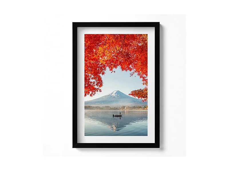 Dekoratives Gemälde mit schwarzem Rahmen, Landschaft des Fuji unter dem roten Baum 40 x 60 cm – Perfekt für das Wohn- oder Schlafzimmer