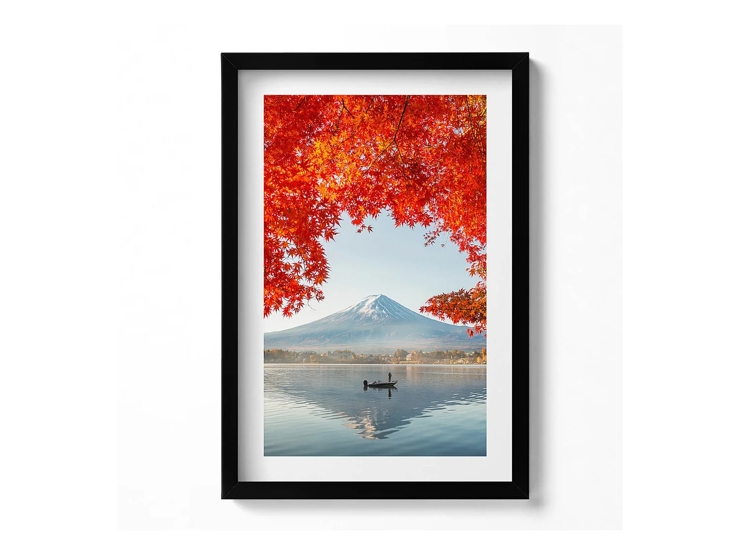 Tableau décoratif avec cadre noir, Paysage du Mont Fuji sous l'arbre rouge 40 x 60 cm– Parfait pour le salon ou la chambre