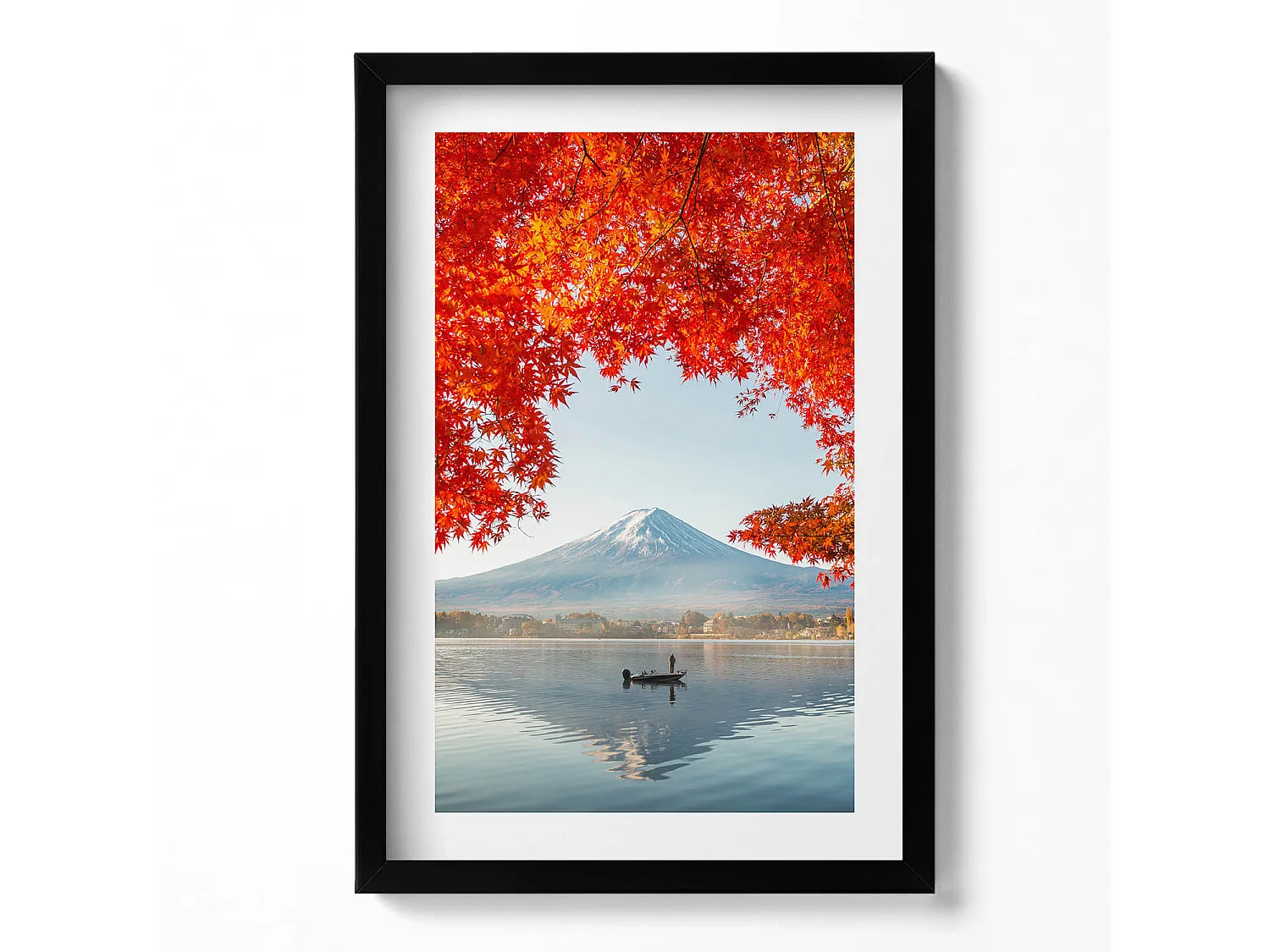Dekoratives Gemälde mit schwarzem Rahmen, Landschaft des Fuji unter dem roten Baum 40 x 60 cm – Perfekt für das Wohn- oder Schlafzimmer