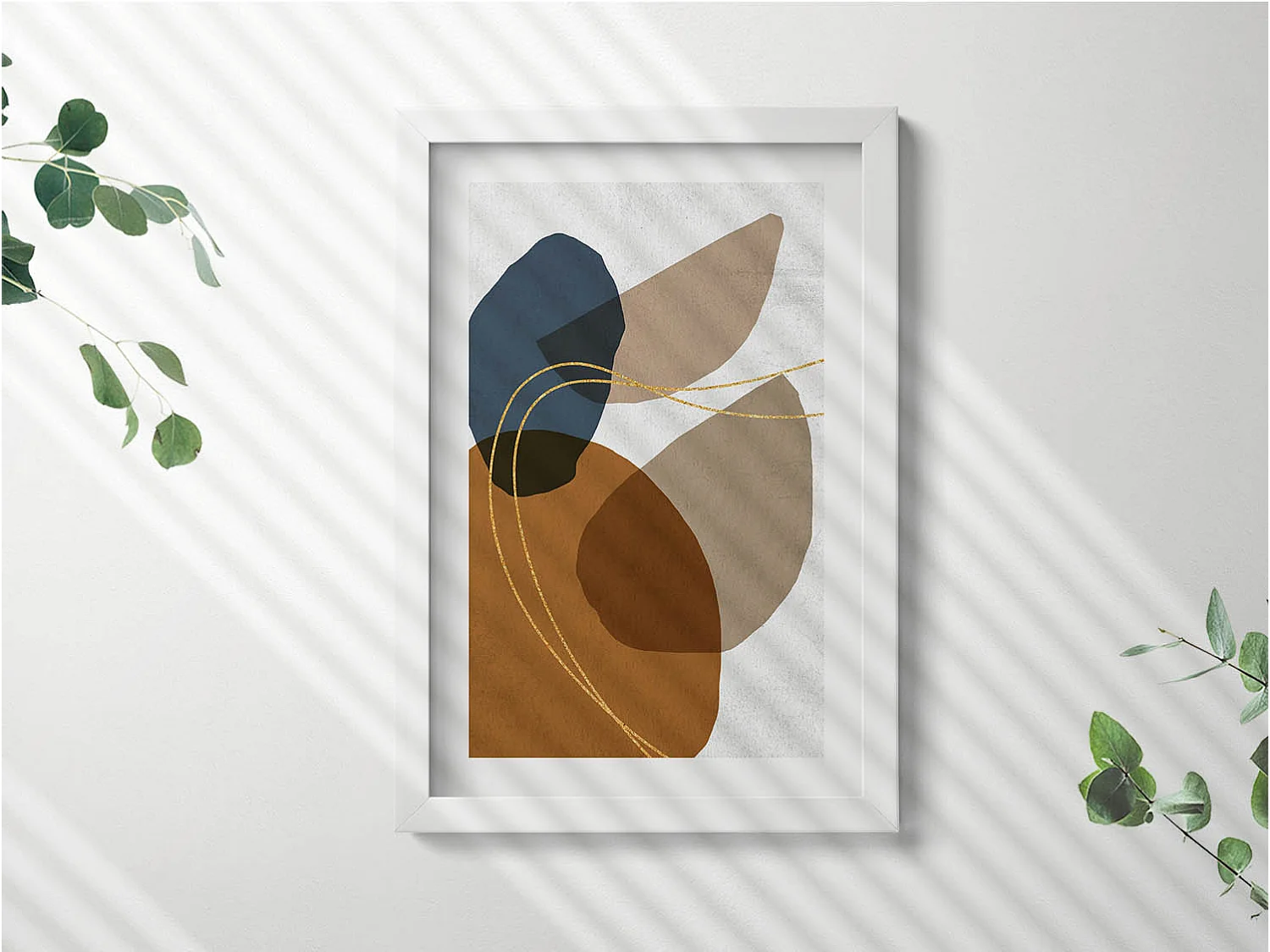 Decoratief schilderij met witte lijst, abstracte bohemien compositie 20 x 30 cm – Perfect voor de woon- of slaapkamer