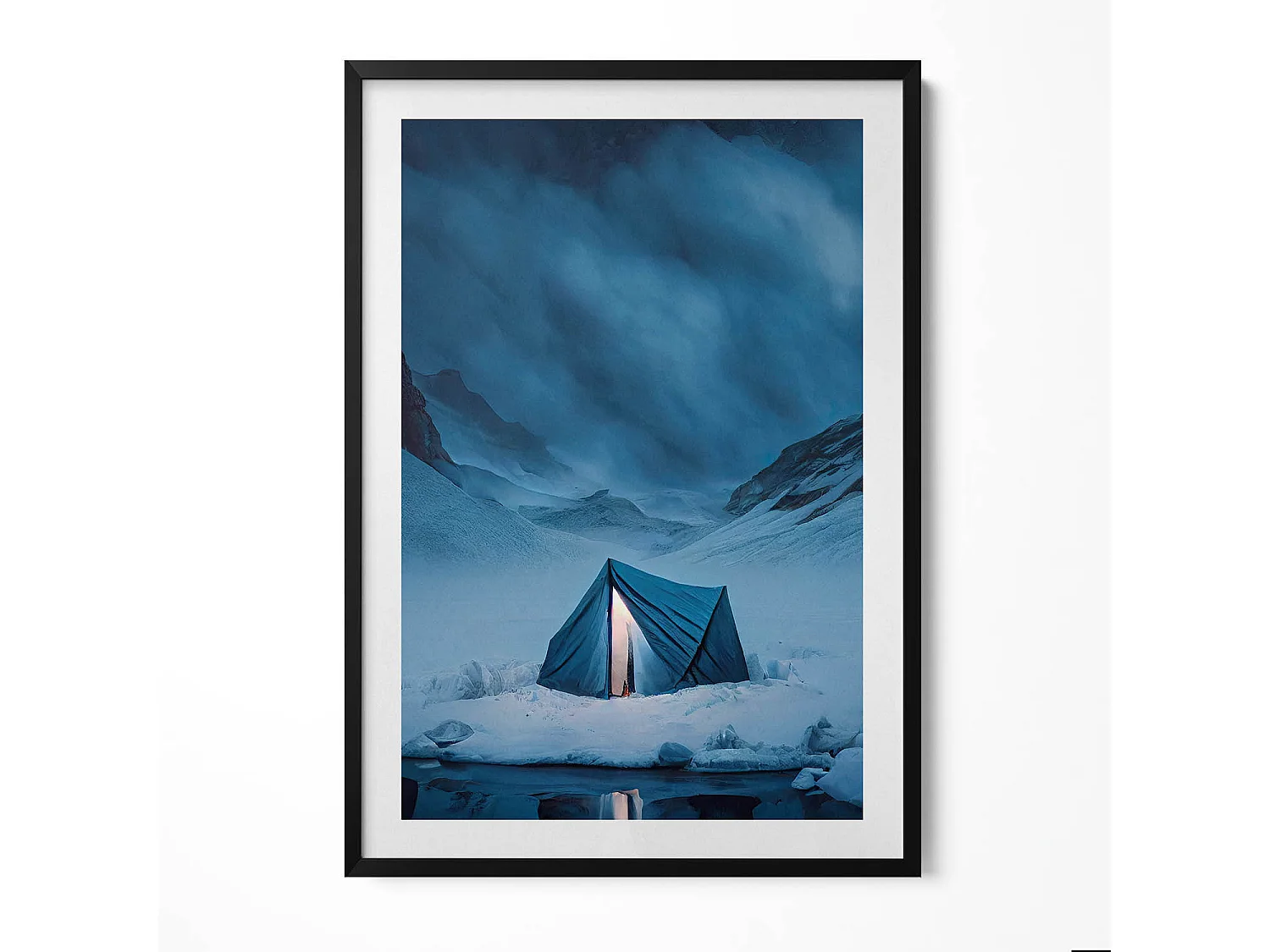 Dekoratives Gemälde mit schwarzem Rahmen, Zelt in den Bergen Islands 70 x 100 cm – Perfekt für das Wohn- oder Schlafzimmer