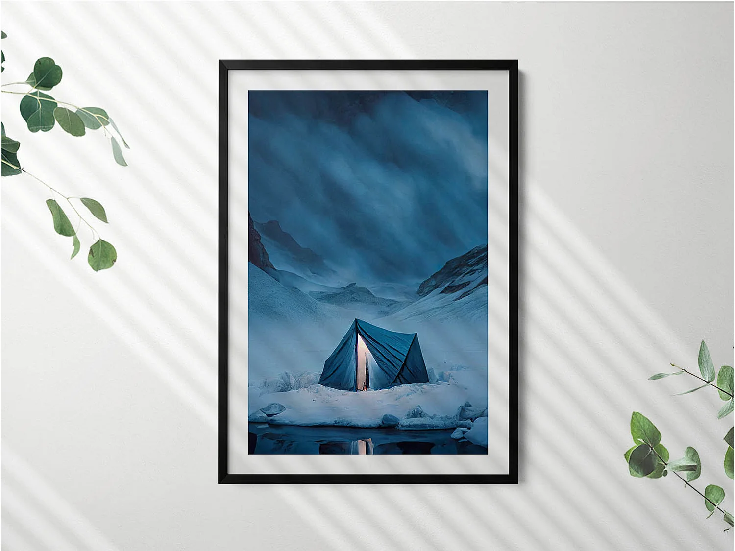 Dekoratives Gemälde mit schwarzem Rahmen, Zelt in den Bergen Islands 70 x 100 cm – Perfekt für das Wohn- oder Schlafzimmer