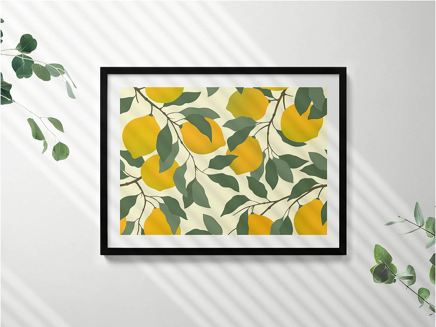 Dekoratives Gemälde mit schwarzem Rahmen, Illustration von Zitronen 80 x 60 cm – Perfekt für das Wohn- oder Schlafzimmer