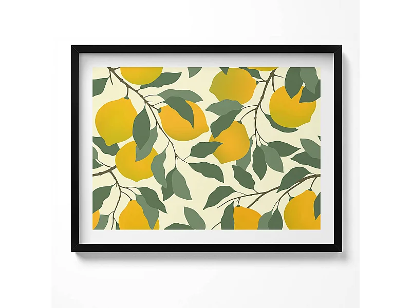 Dekoratives Gemälde mit schwarzem Rahmen, Illustration von Zitronen 80 x 60 cm – Perfekt für das Wohn- oder Schlafzimmer