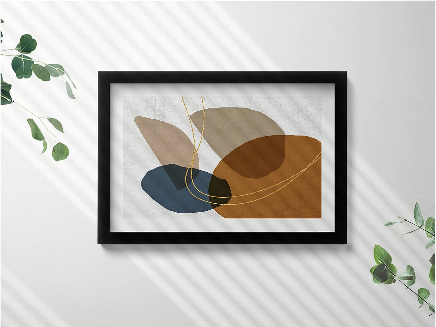 Decoratief schilderij met zwarte lijst, abstracte bohemien compositie 30 x 20 cm – Perfect voor de woon- of slaapkamer