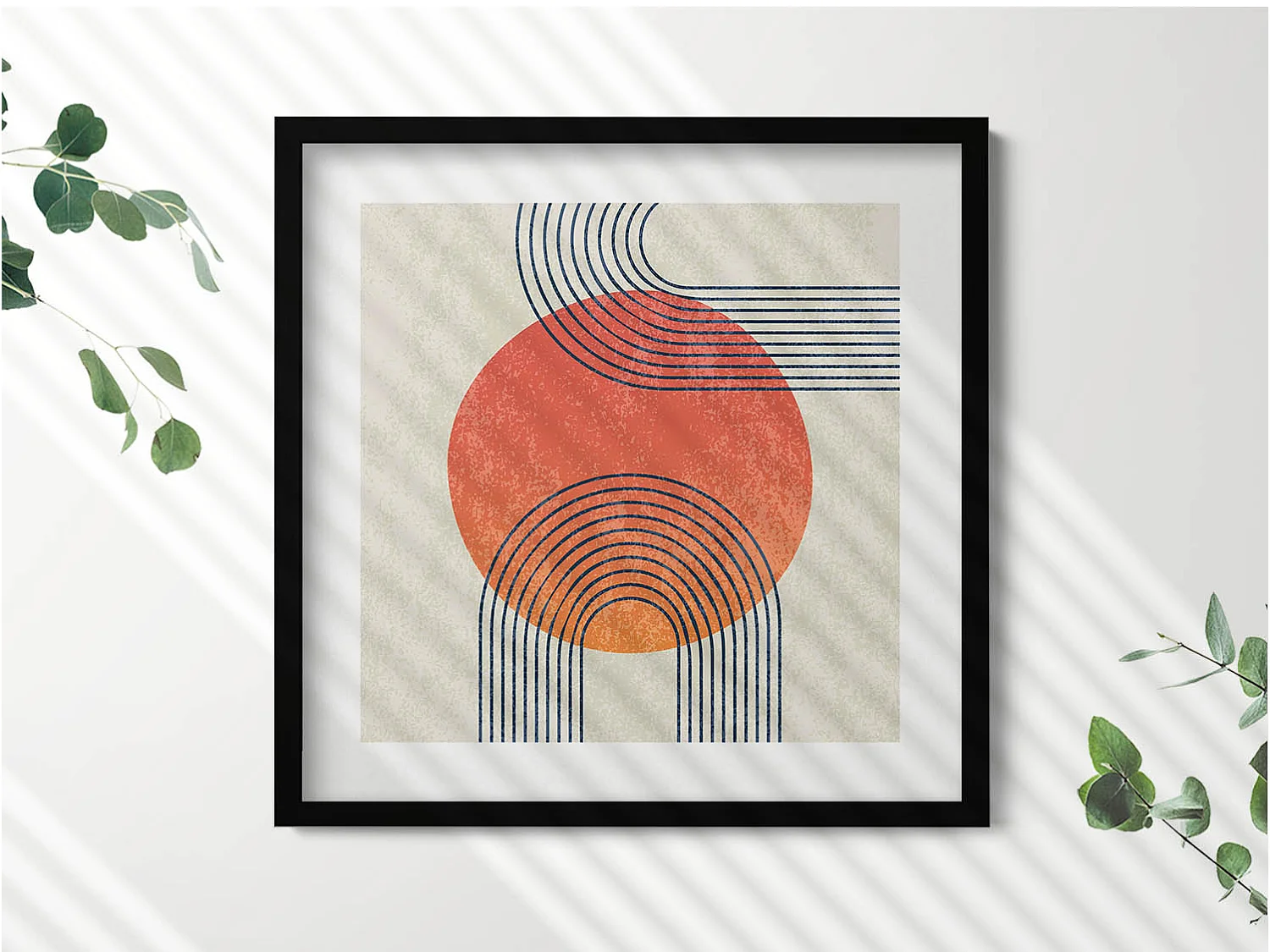 Tableau décoratif avec cadre noir, Feuilles peintes de monstera 50 x 50 cm – Parfait pour le salon ou la chambre