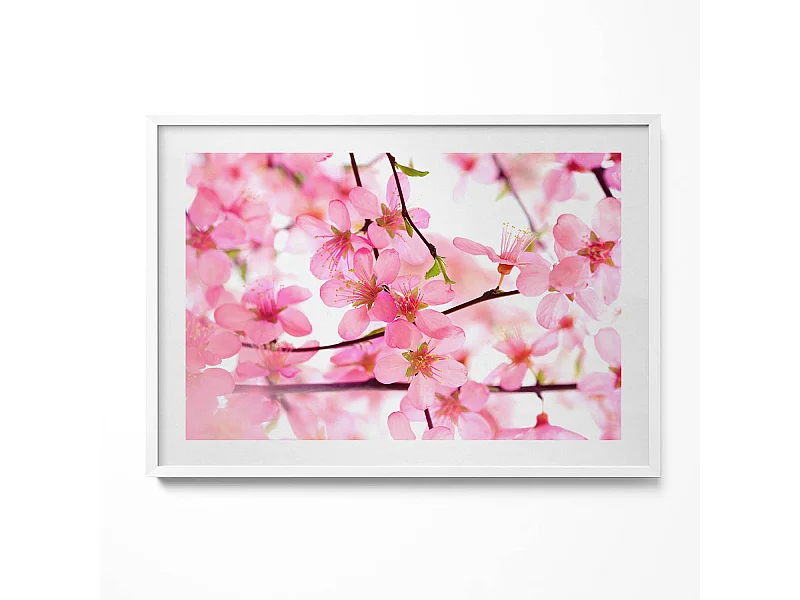 Dekoratives Gemälde mit weißem Rahmen, Rosa Frühlingsblumen auf den Zweigen 100 x 70 cm – Perfekt für das Wohn- oder Schlafzimmer