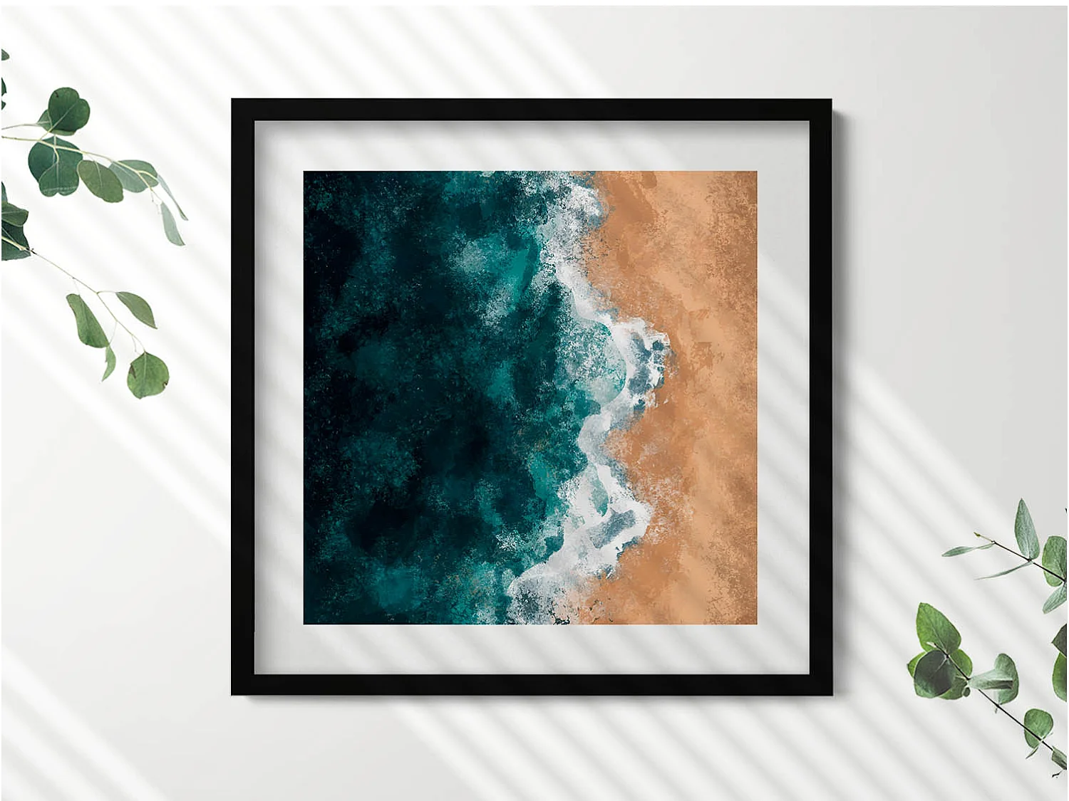 Decoratief schilderij met zwarte lijst, Geschilderde en gekleurde bloemen 50 x 50 cm – Perfect voor de woon- of slaapkamer