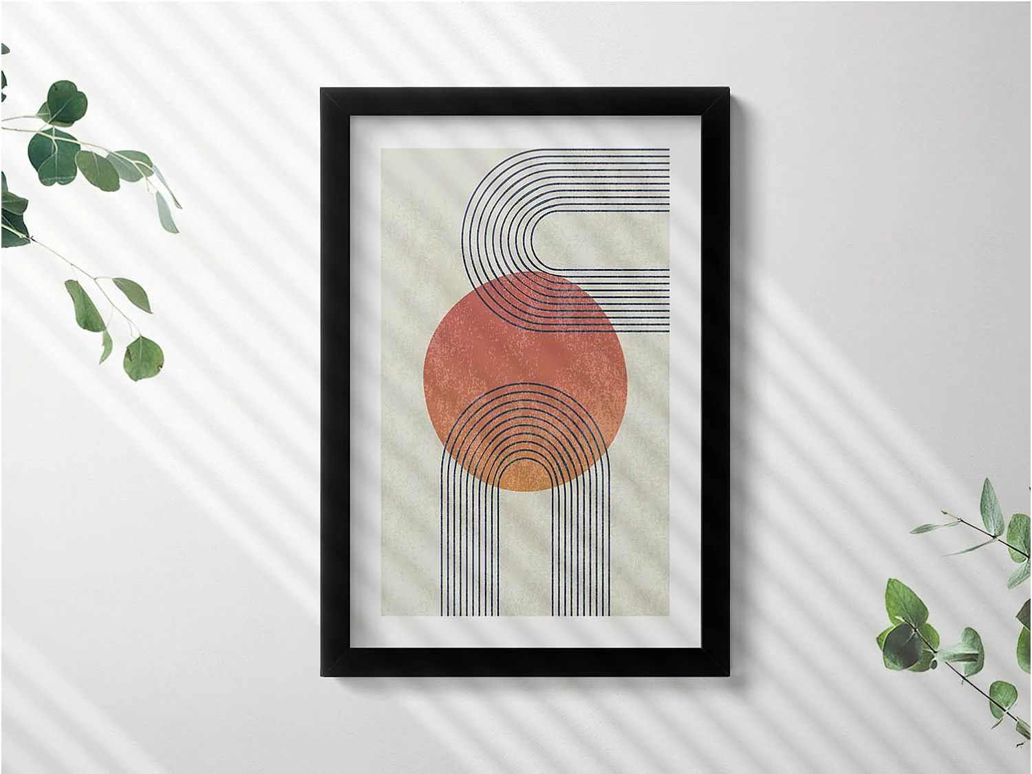 Dekoratives Gemälde mit schwarzem Rahmen, Linien und Kreis moderner Kunst 20 x 30 cm – Perfekt für das Wohn- oder Schlafzimmer