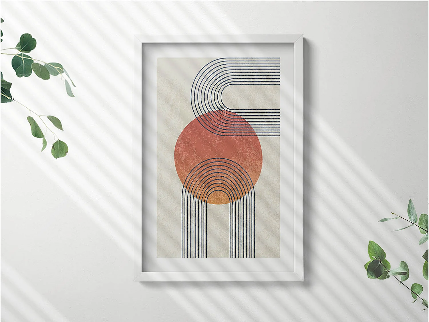 Dekoratives Gemälde mit weißem Rahmen, Linien und Kreis moderner Kunst 40 x 60 cm – Perfekt für das Wohn- oder Schlafzimmer