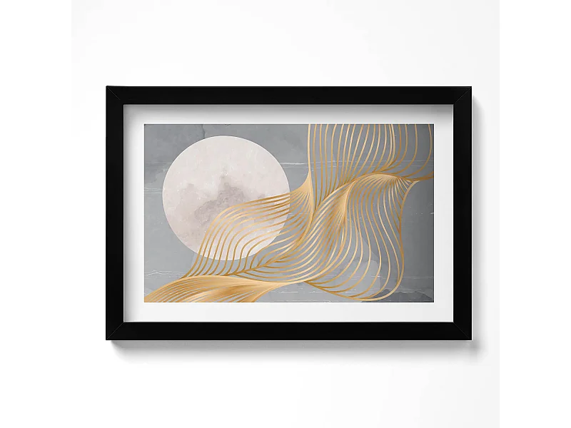 Dekoratives Gemälde mit schwarzem Rahmen, abstrakte Illustration des Mondes mit Gold 30 x 20 cm – perfekt für das Wohn- oder Schlafzimmer