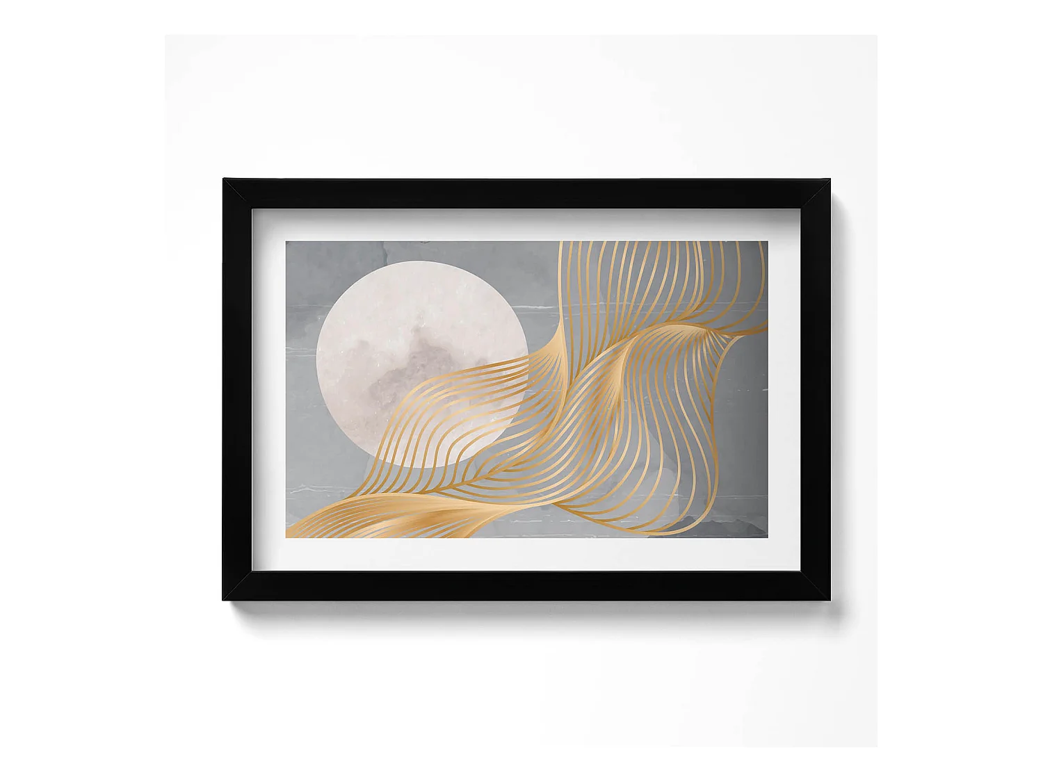 Tableau décoratif avec cadre noir, Illustration abstraite de la lune avec de l'or 30 x 20 cm – Parfait pour le salon ou la chambre