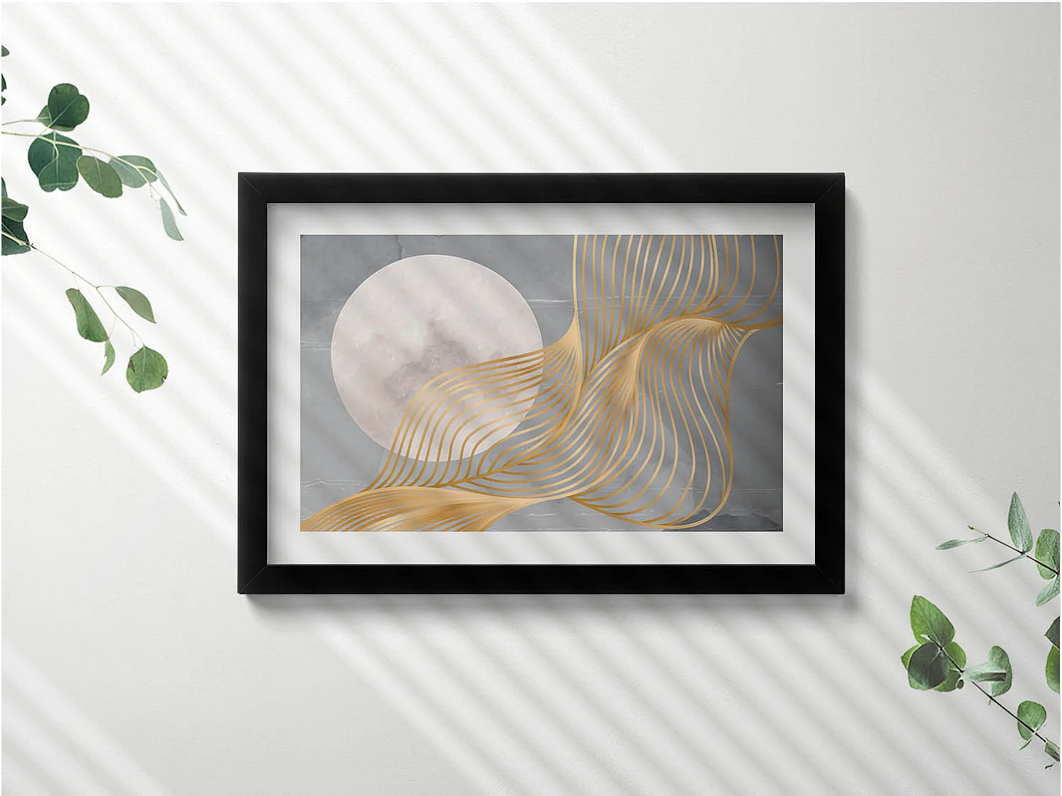 Dekoratives Gemälde mit schwarzem Rahmen, abstrakte Illustration des Mondes mit Gold 30 x 20 cm – perfekt für das Wohn- oder Schlafzimmer