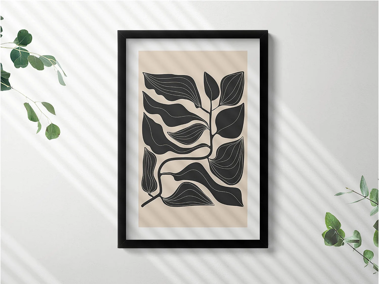 Tableau décoratif avec cadre noir, Plantes minimalistes 40 x 60 cm– Parfait pour le salon ou la chambre