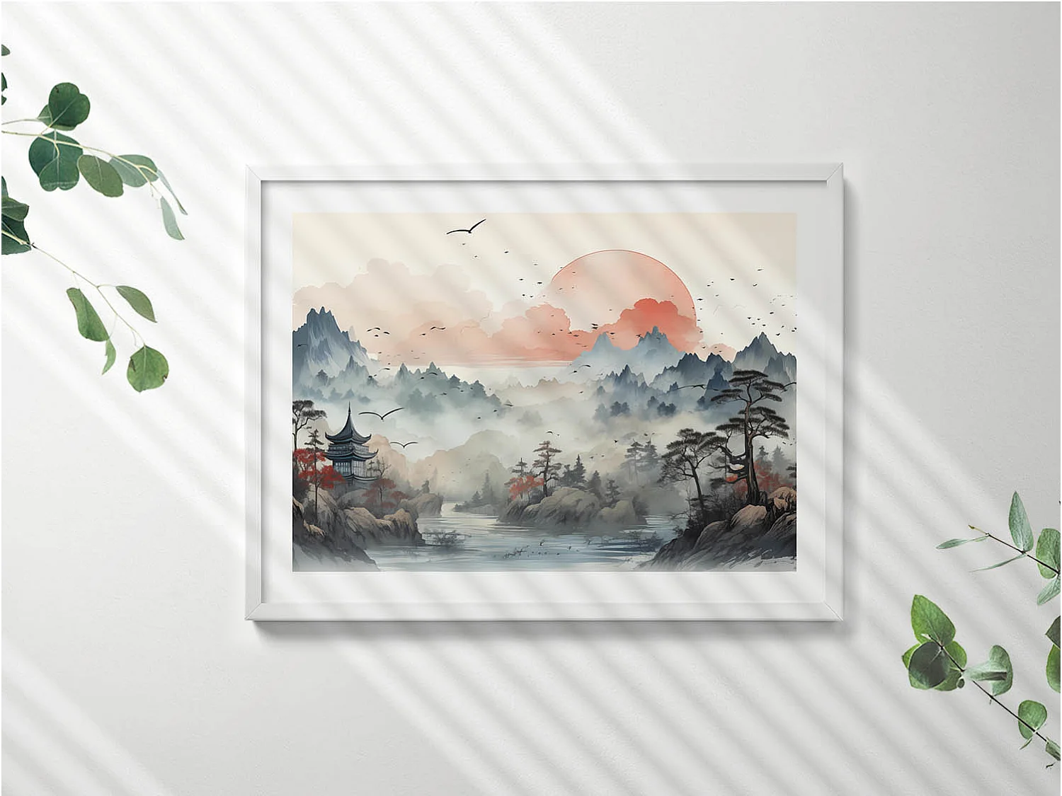 Dekoratives Gemälde mit weißem Rahmen, Bergwaldlandschaft 80 x 60 cm – Perfekt für das Wohn- oder Schlafzimmer