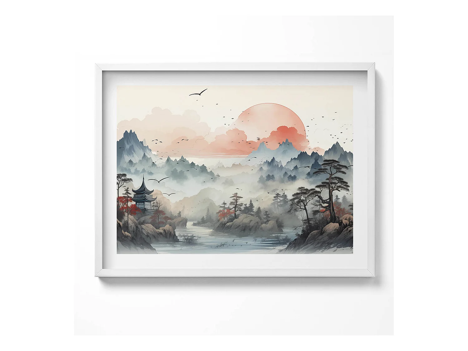 Tableau décoratif avec cadre blanc, Paysage forestier de montagne 80 x 60 cm– Parfait pour le salon ou la chambre