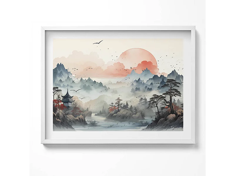 Dekoratives Gemälde mit weißem Rahmen, Bergwaldlandschaft 80 x 60 cm – Perfekt für das Wohn- oder Schlafzimmer