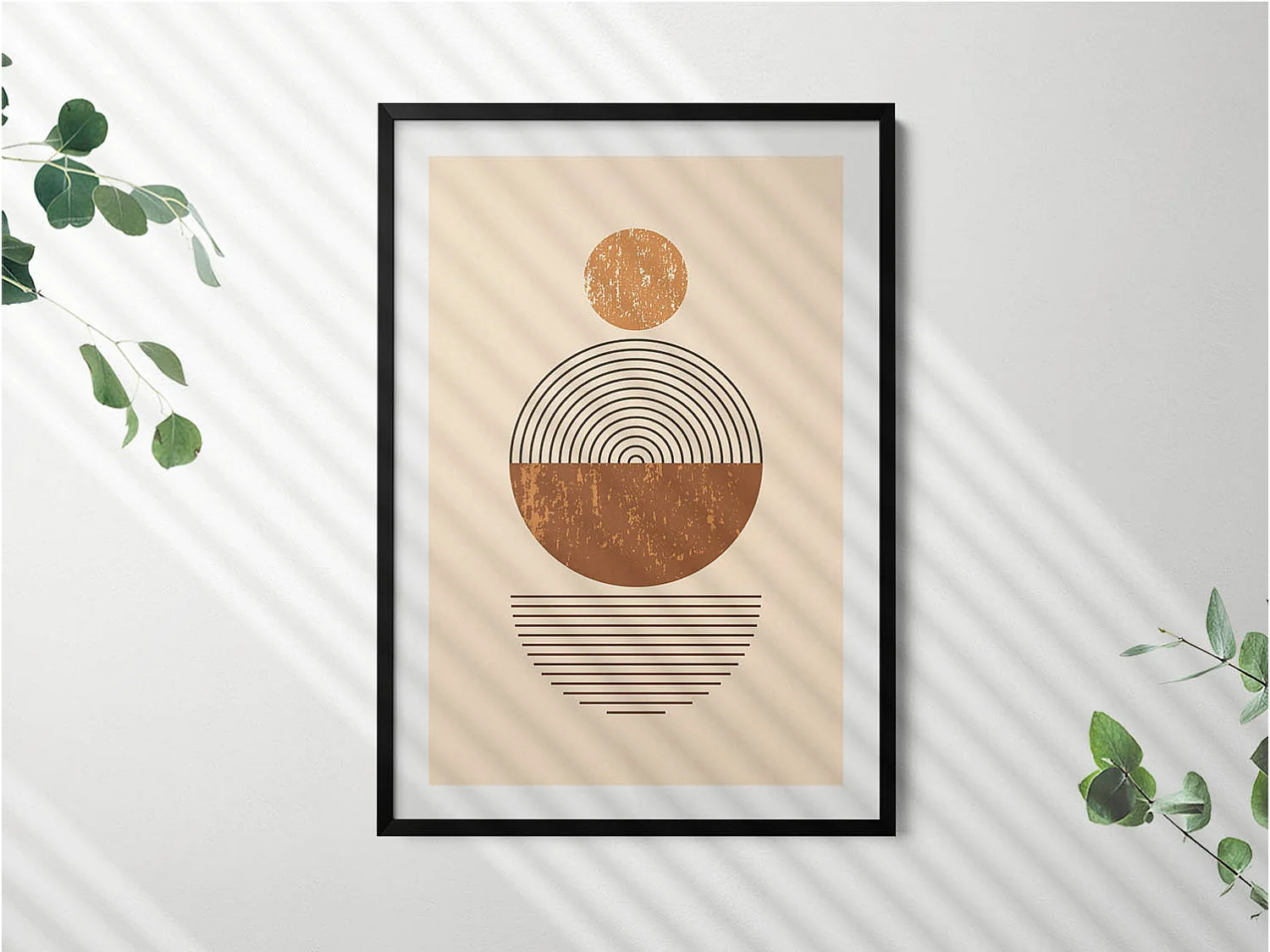 Dekoratives Gemälde mit schwarzem Rahmen, geometrische Kunst im Bohème-Stil 70 x 100 cm – perfekt für das Wohn- oder Schlafzimmer