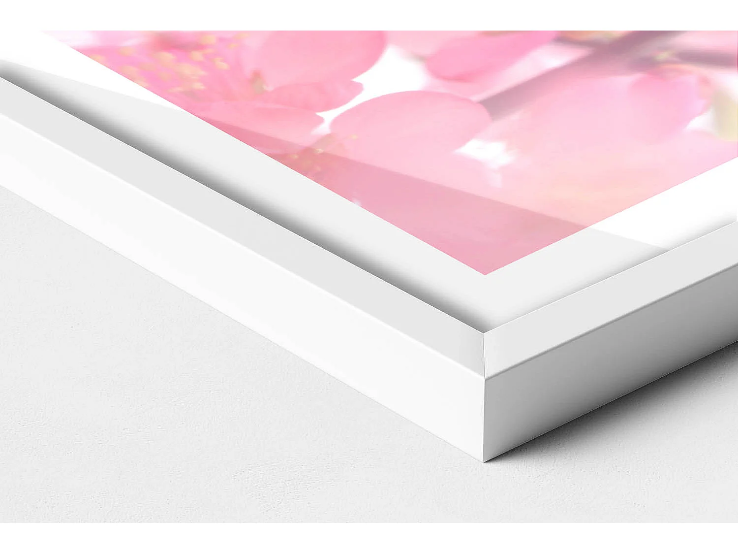 Dekoratives Gemälde mit weißem Rahmen, Rosa Frühlingsblumen auf den Zweigen 60 x 40 cm – Perfekt für das Wohn- oder Schlafzimmer