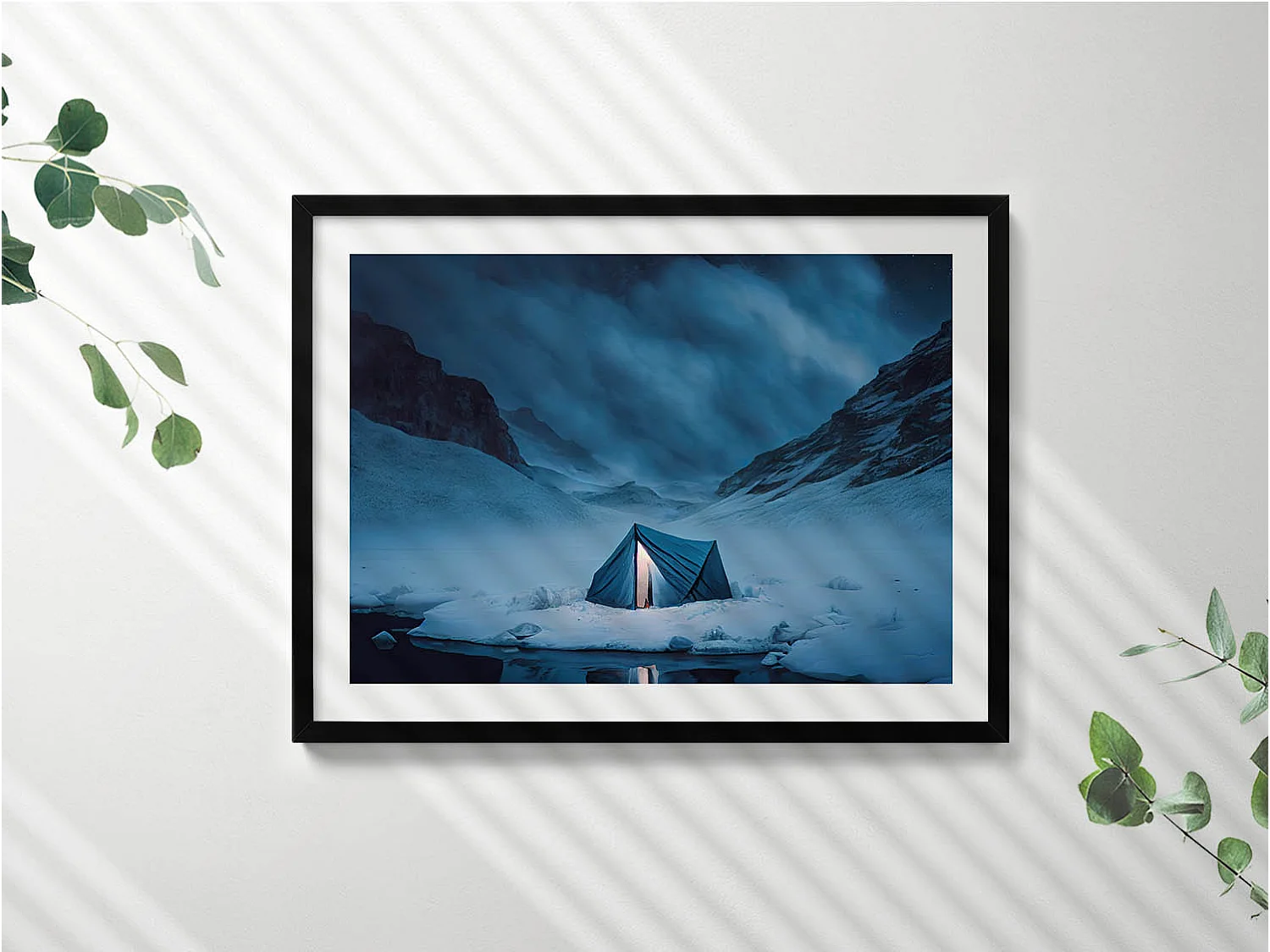 Tableau décoratif avec cadre noir, Tente dans les montagnes d'Islande 80 x 60 cm– Parfait pour le salon ou la chambre