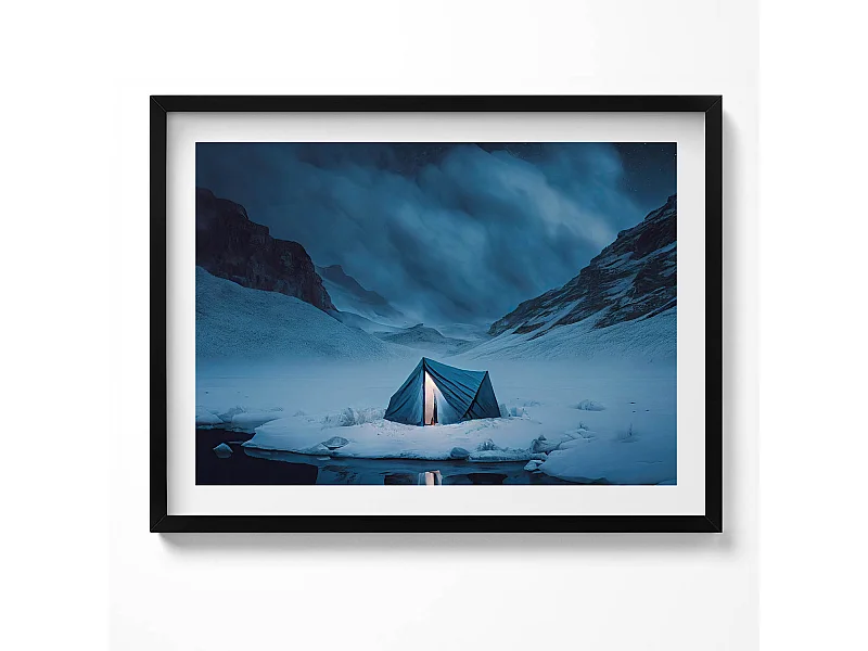 Dekoratives Gemälde mit schwarzem Rahmen, Zelt in den Bergen Islands 80 x 60 cm – Perfekt für das Wohn- oder Schlafzimmer