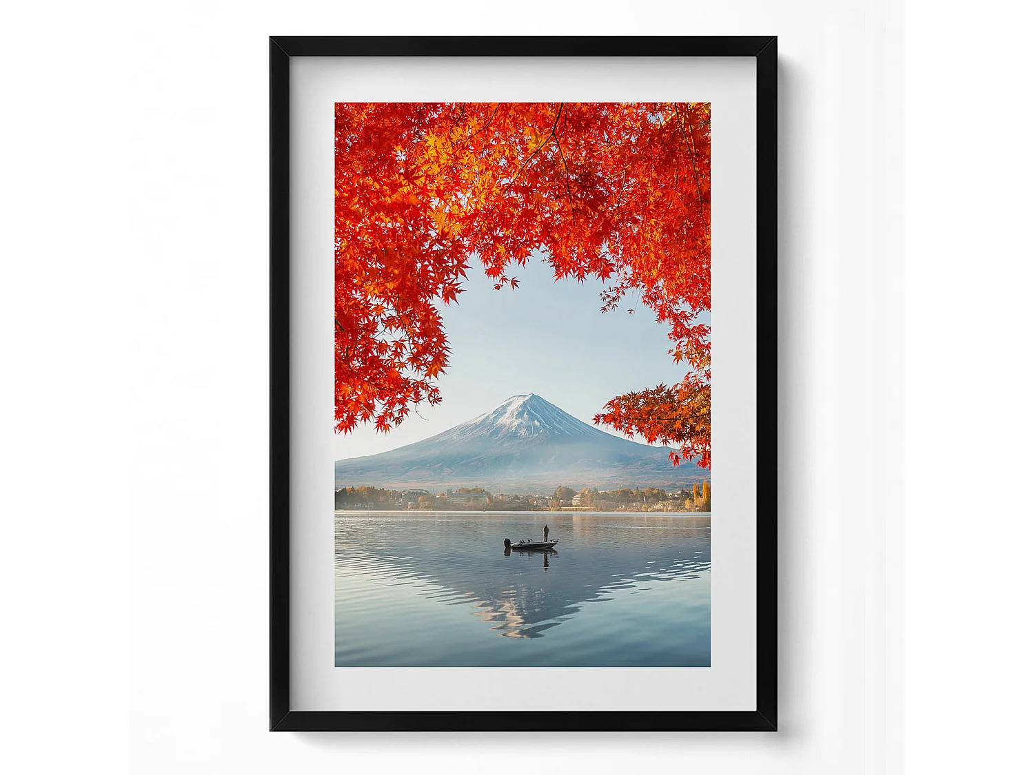 Tableau décoratif avec cadre noir, Paysage du Mont Fuji sous l'arbre rouge 50 x 70 cm– Parfait pour le salon ou la chambre