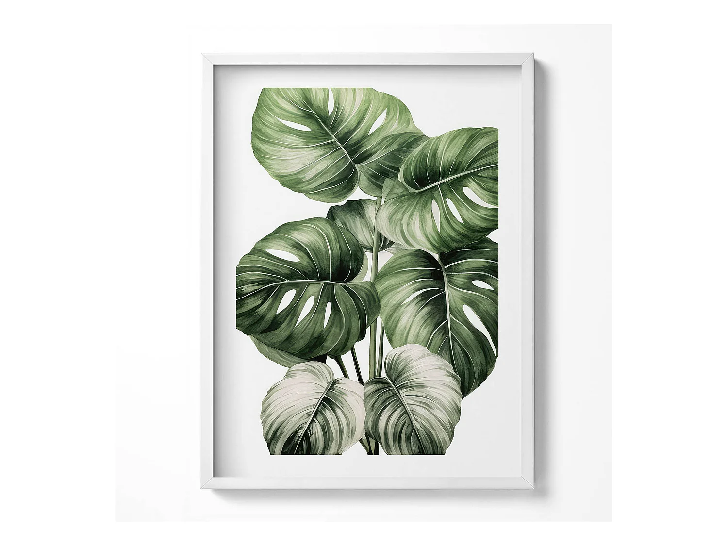 Tableau décoratif avec cadre blanc, Feuilles de monstera peintes 60 x 80 cm– Parfait pour le salon ou la chambre