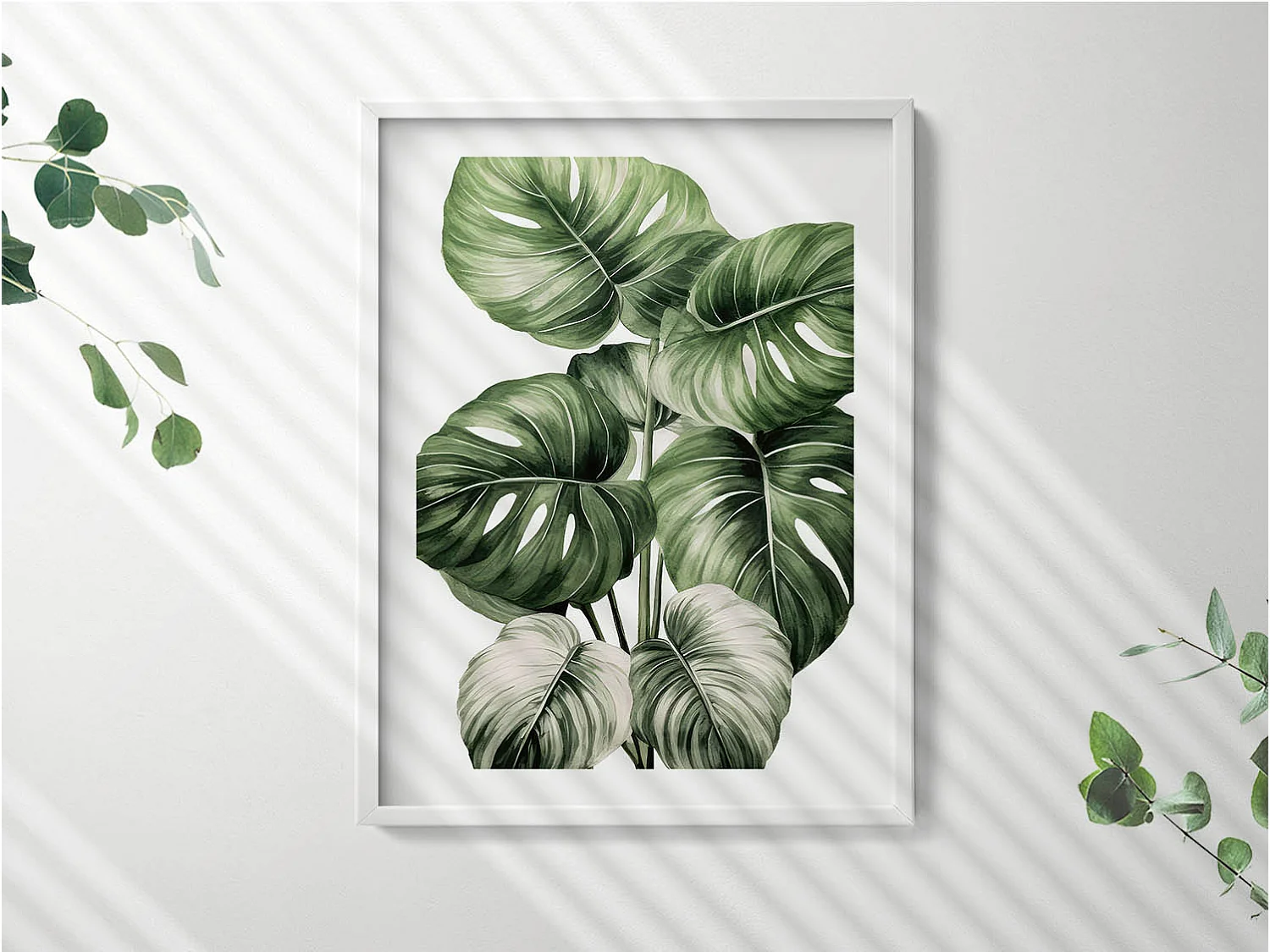 Tableau décoratif avec cadre blanc, Feuilles de monstera peintes 60 x 80 cm– Parfait pour le salon ou la chambre