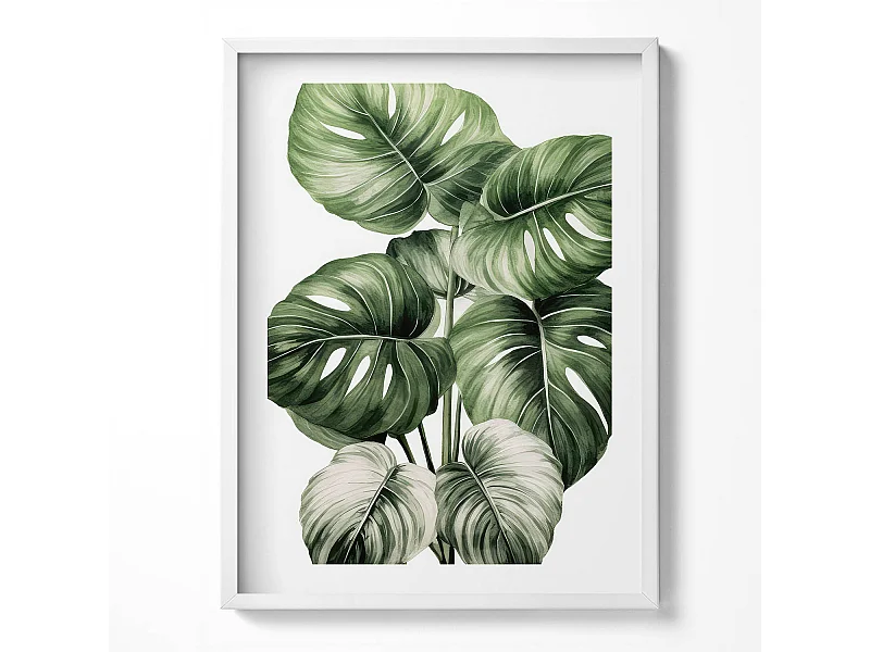 Dekoratives Gemälde mit weißem Rahmen, bemalte Monstera-Blätter 60 x 80 cm – perfekt für das Wohn- oder Schlafzimmer