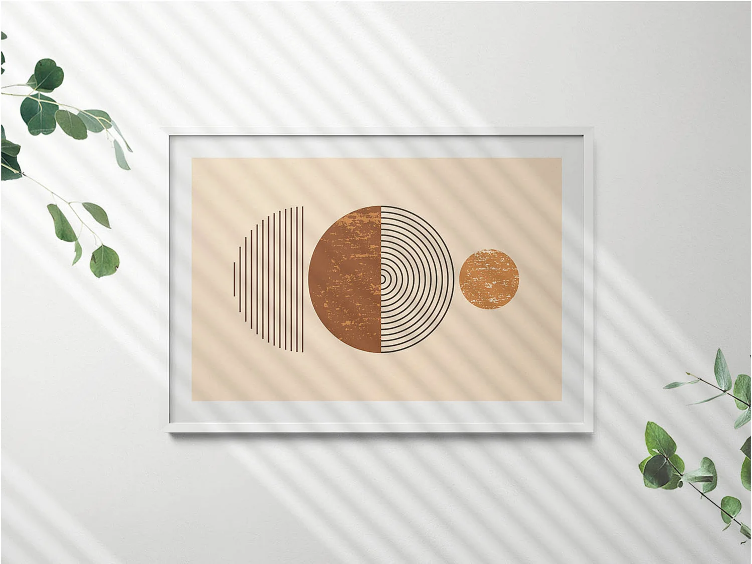 Dekoratives Gemälde mit weißem Rahmen, geometrische Kunst im Bohème-Stil 100 x 70 cm – perfekt für das Wohn- oder Schlafzimmer