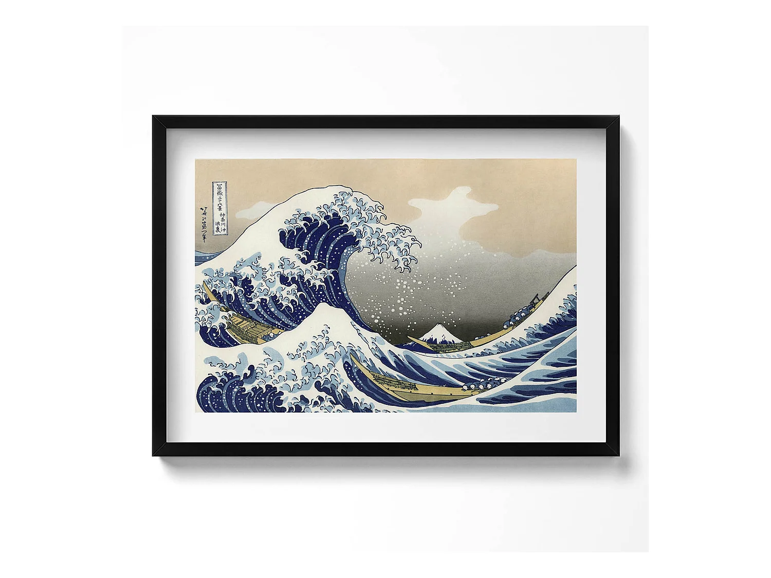 Tableau décoratif avec cadre noir, Grosse vague à Kanagawa 70 x 50 cm– Parfait pour le salon ou la chambre