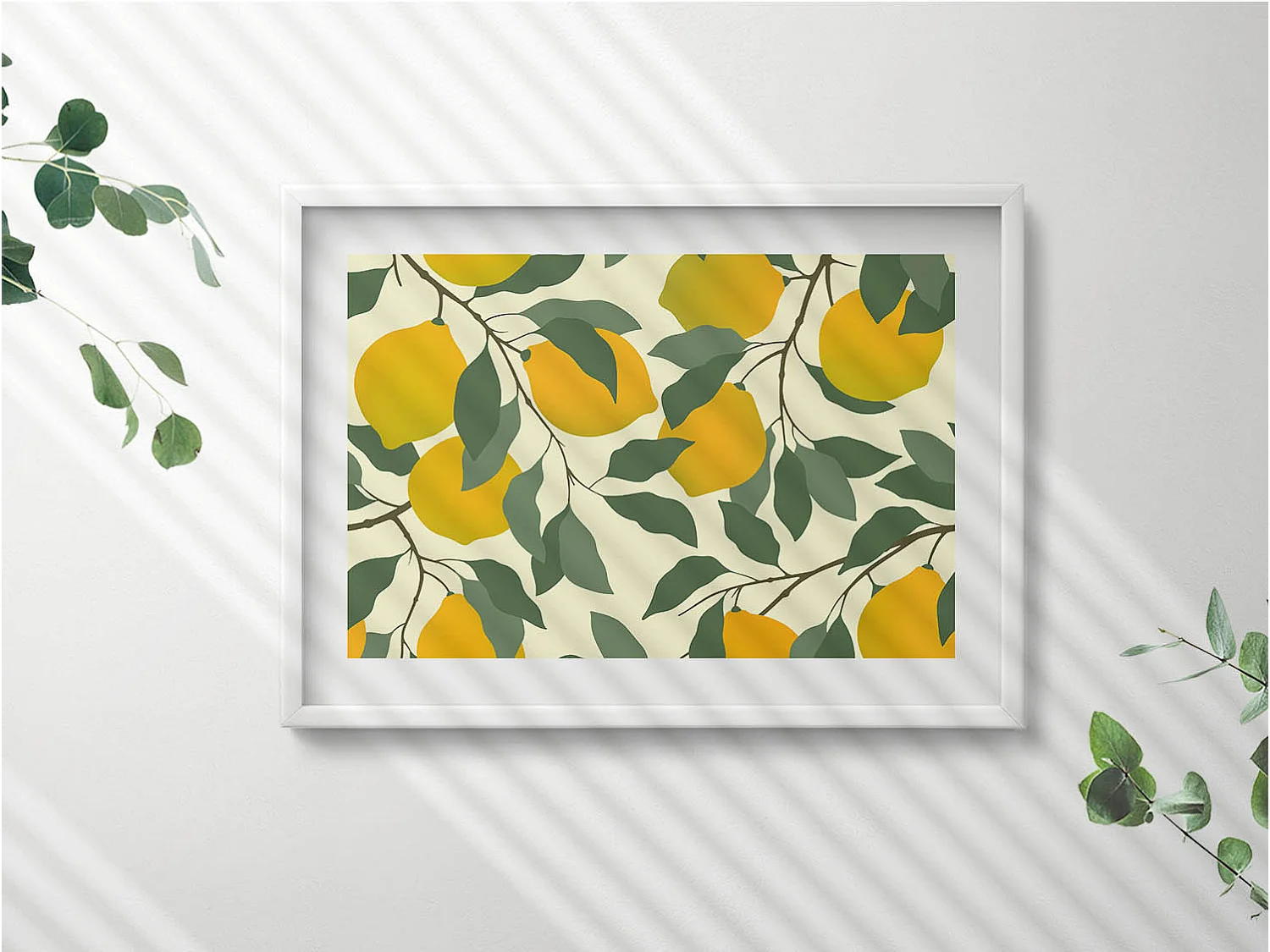 Quadro decorativo con cornice bianca, Illustrazione di limoni 70 x 50 cm – Perfetto per il soggiorno o la camera da letto