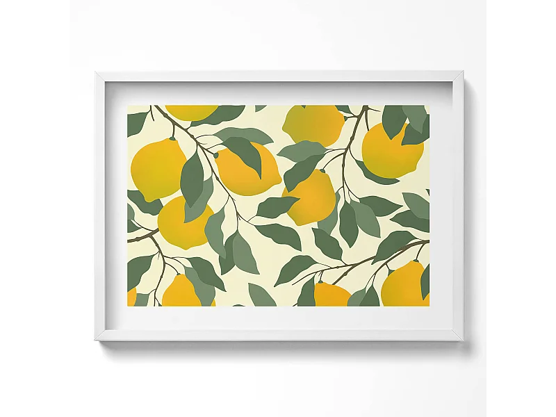 Dekoratives Gemälde mit weißem Rahmen, Illustration von Zitronen 70 x 50 cm – Perfekt für das Wohn- oder Schlafzimmer