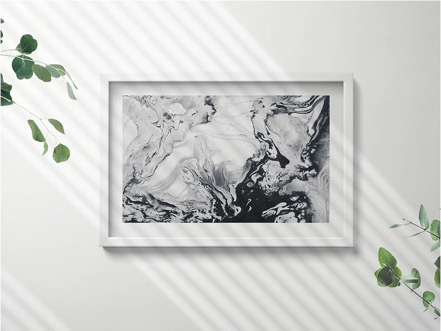 Tableau décoratif avec cadre blanc, Abstraction d'encre - encre de marbre 60 x 40 cm– Parfait pour le salon ou la chambre