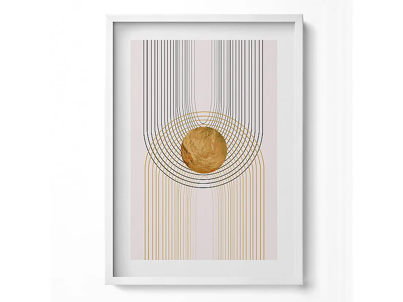Tableau décoratif avec cadre blanc, Formes dorées fluides sur fond beige 50 x 70 cm– Parfait pour le salon ou la chambre