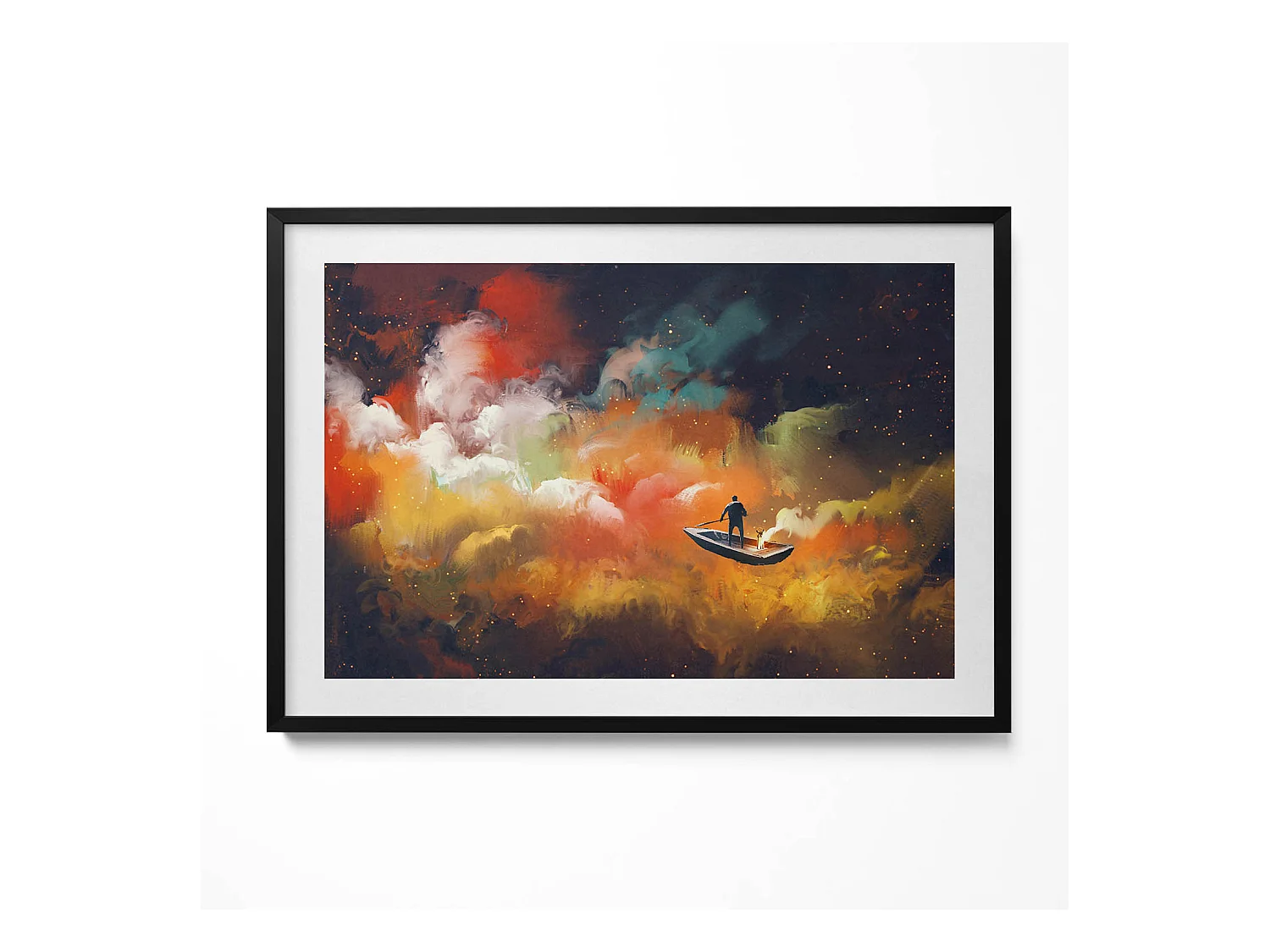 Tableau décoratif avec cadre noir, Abstraction minimaliste avec détails dorés 100 x 70 cm– Parfait pour le salon ou la chambre