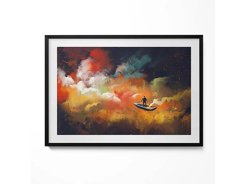 Dekoratives Gemälde mit schwarzem Rahmen, minimalistische Abstraktion mit goldenen Details 100 x 70 cm – perfekt für das Wohn- oder Schlafzimmer