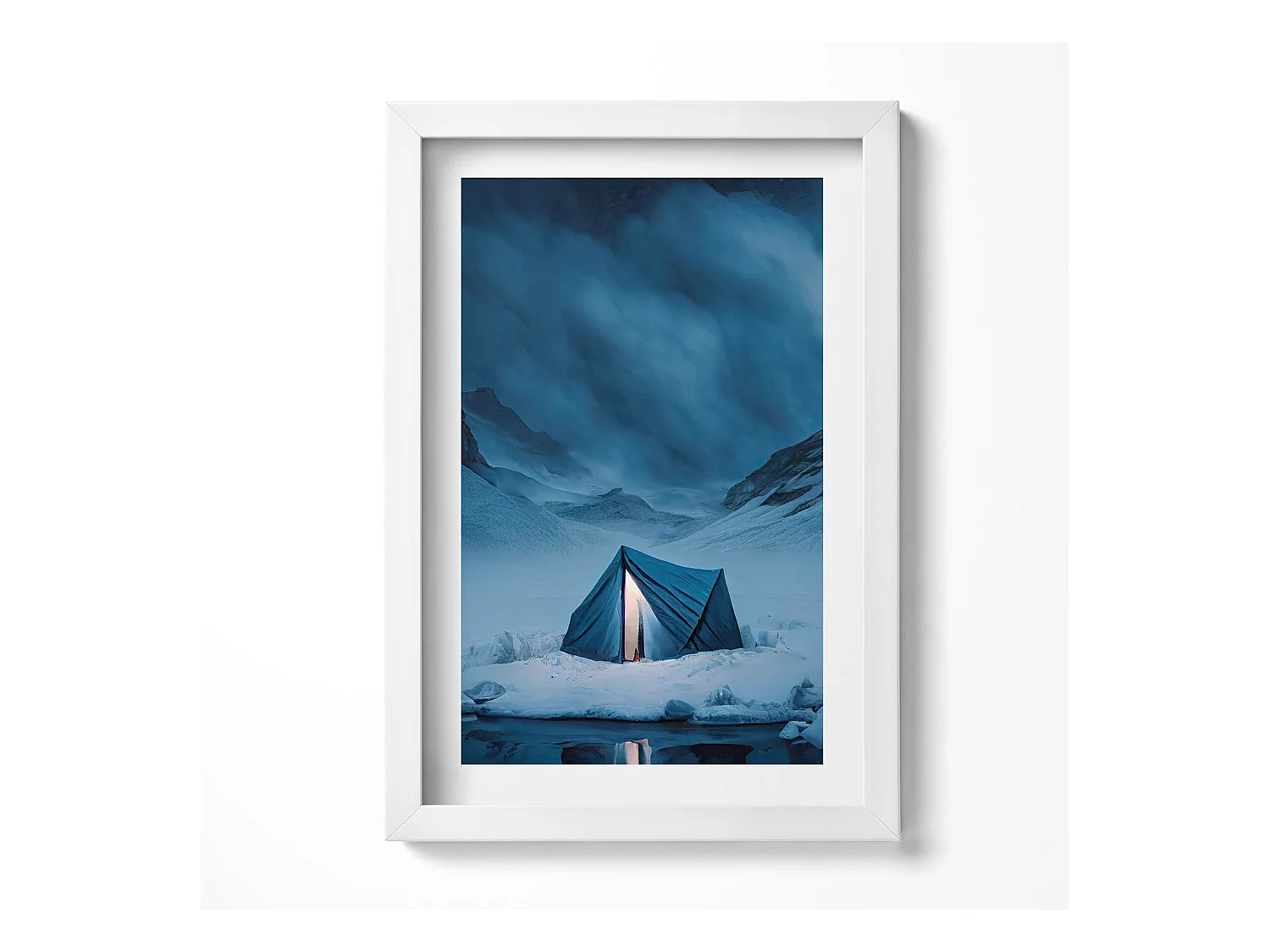 Tableau décoratif avec cadre blanc, Tente dans les montagnes d'Islande 20 x 30 cm – Parfait pour le salon ou la chambre