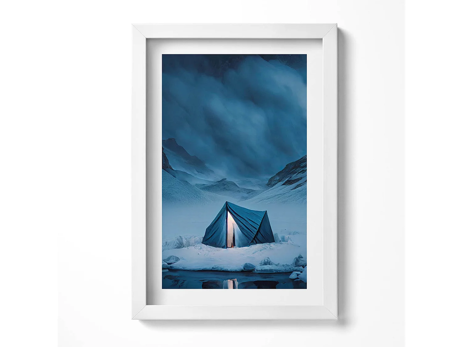 Tableau décoratif avec cadre blanc, Tente dans les montagnes d'Islande 20 x 30 cm – Parfait pour le salon ou la chambre