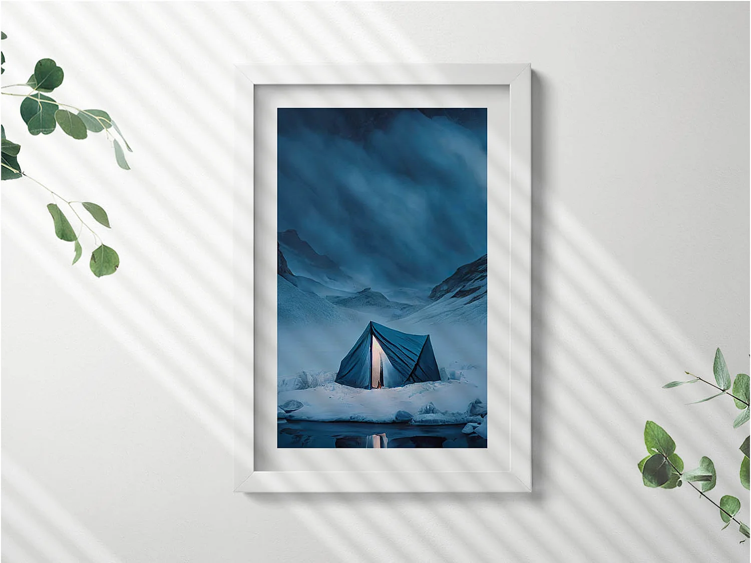 Tableau décoratif avec cadre blanc, Tente dans les montagnes d'Islande 20 x 30 cm – Parfait pour le salon ou la chambre