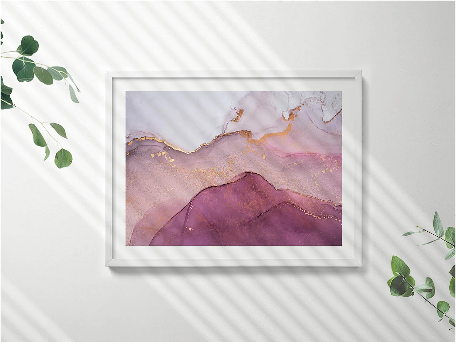 Dekoratives Gemälde mit weißem Rahmen, Rosa Abstraktion mit Gold 80 x 60 cm – Perfekt für das Wohn- oder Schlafzimmer