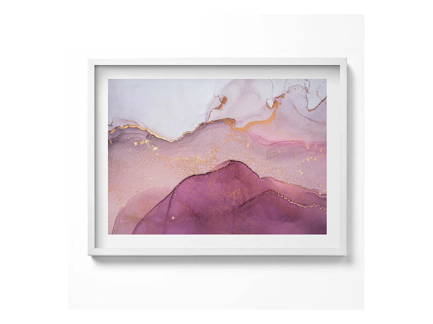 Tableau décoratif avec cadre blanc, Abstraction rose avec de l'or 80 x 60 cm– Parfait pour le salon ou la chambre