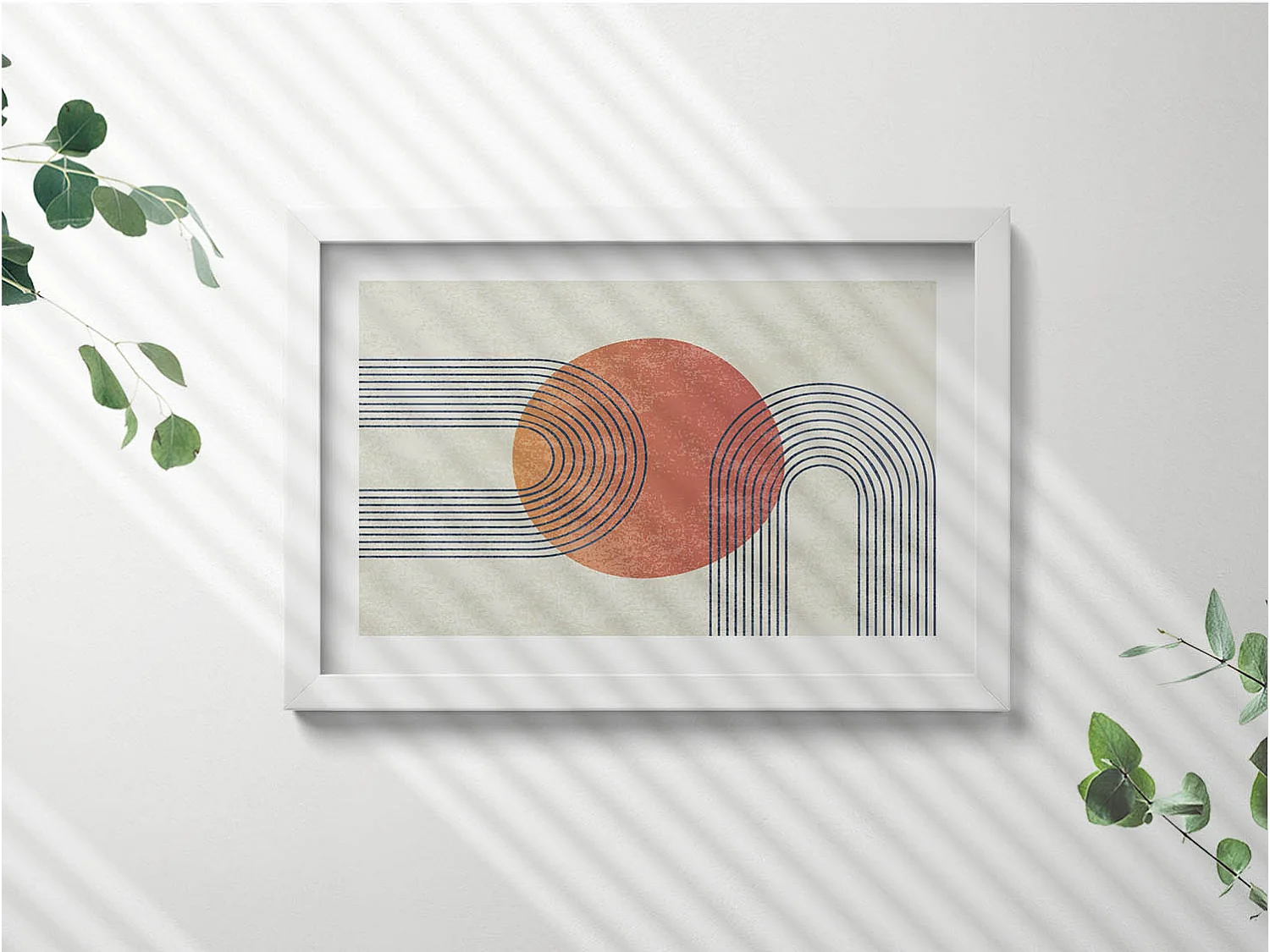 Dekoratives Gemälde mit weißem Rahmen, Linien und Kreis moderner Kunst 30 x 20 cm – Perfekt für das Wohn- oder Schlafzimmer