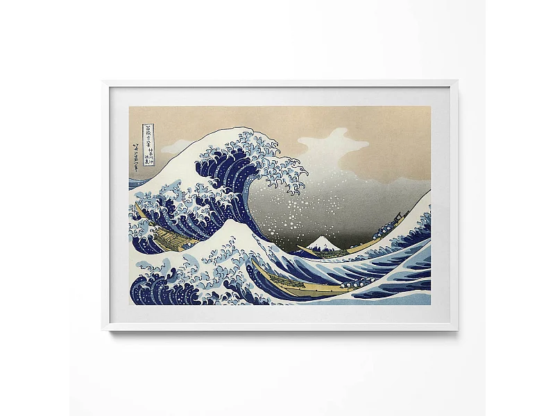 Dekoratives Gemälde mit weißem Rahmen, Große Welle in Kanagawa 100 x 70 cm – Perfekt für das Wohn- oder Schlafzimmer