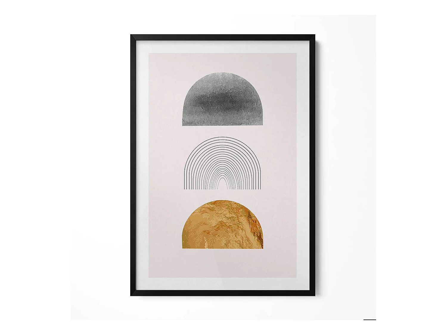 Tableau décoratif avec cadre noir, Formes bohèmes avec de l'or 70 x 100 cm– Parfait pour le salon ou la chambre